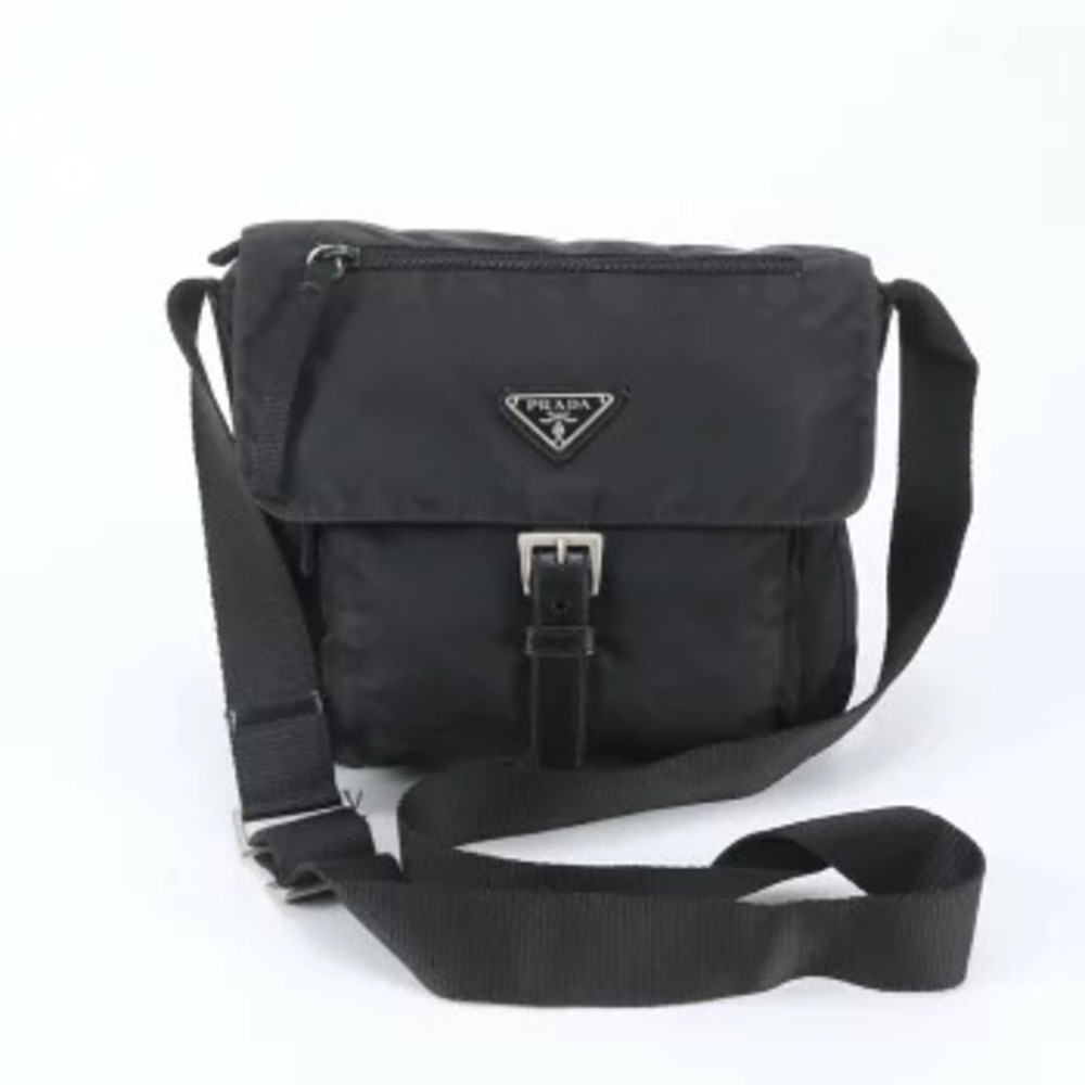 Prada Tessuto Triangle Leather Messenger Crossbody Bag Black
